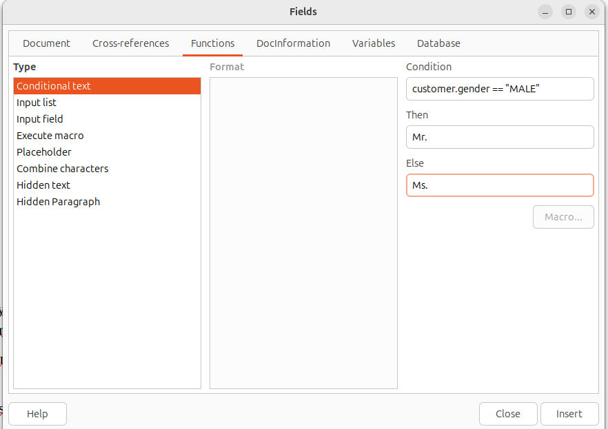 LibreOffice Fields dialog, Functions tab, showing Conditional Text with customer.gender condition