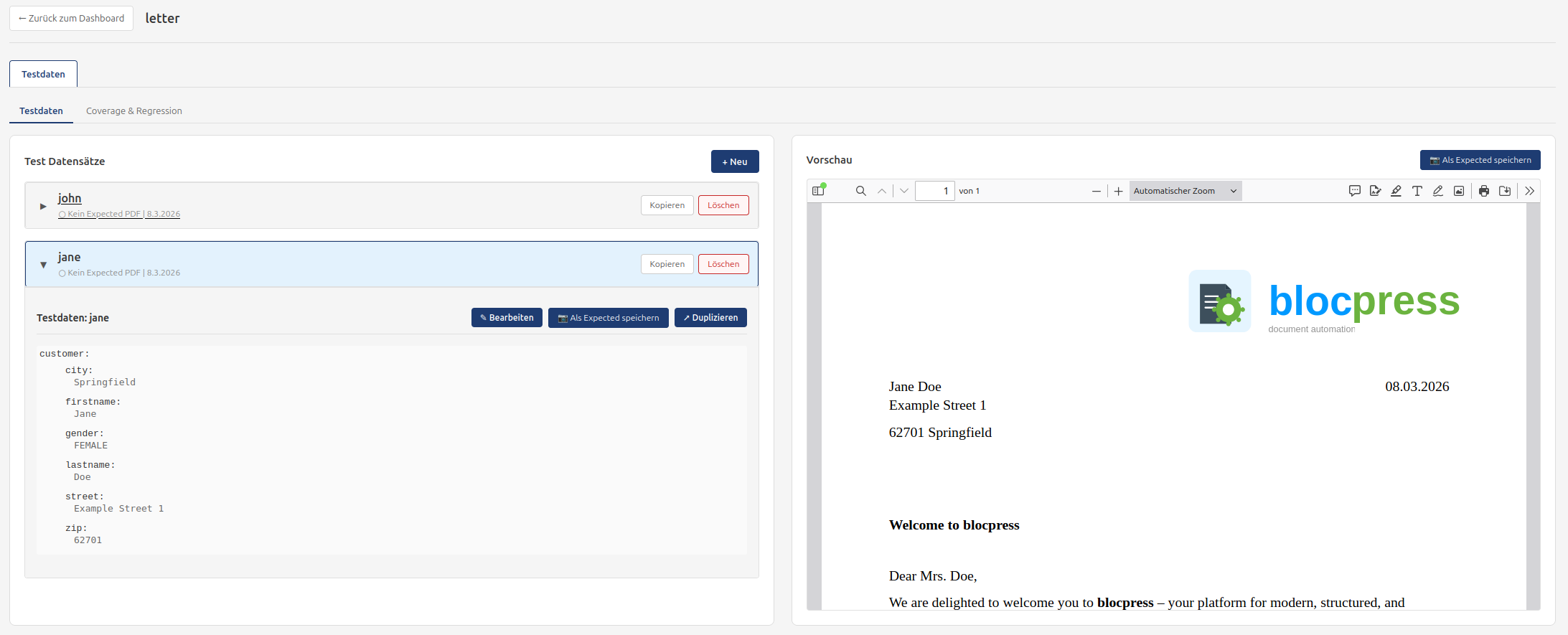 Workbench showing a rendered PDF preview next to the test dataset list