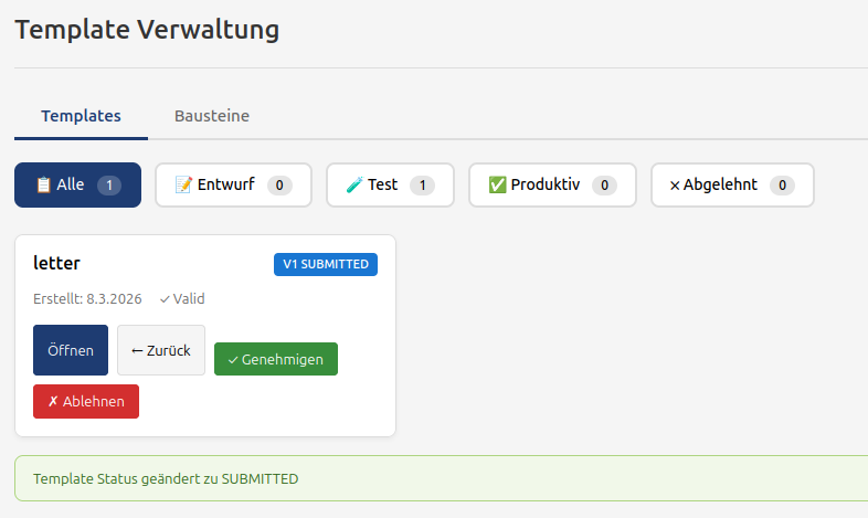 Workbench template dashboard showing the Submit for approval button and the status badge