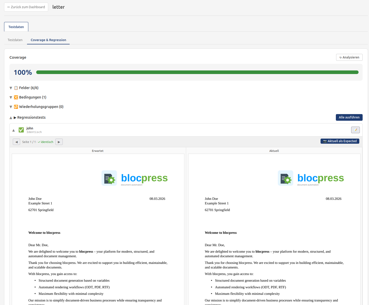 Coverage & Regression showing the test results