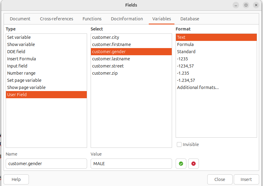 LibreOffice Fields dialog showing a User-Defined field with dot-notation name